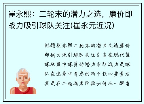 崔永熙：二轮末的潜力之选，廉价即战力吸引球队关注(崔永元近况)