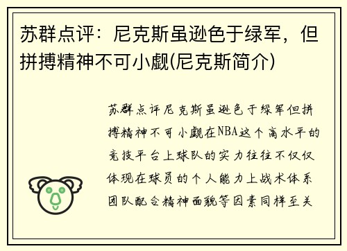 苏群点评：尼克斯虽逊色于绿军，但拼搏精神不可小觑(尼克斯简介)