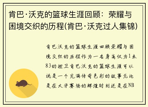 肯巴·沃克的篮球生涯回顾：荣耀与困境交织的历程(肯巴·沃克过人集锦)