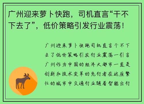 广州迎来萝卜快跑，司机直言“干不下去了”，低价策略引发行业震荡！