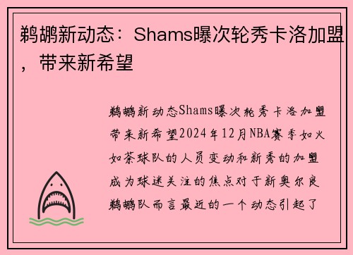 鹈鹕新动态：Shams曝次轮秀卡洛加盟，带来新希望