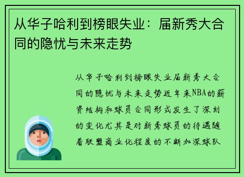 从华子哈利到榜眼失业：届新秀大合同的隐忧与未来走势